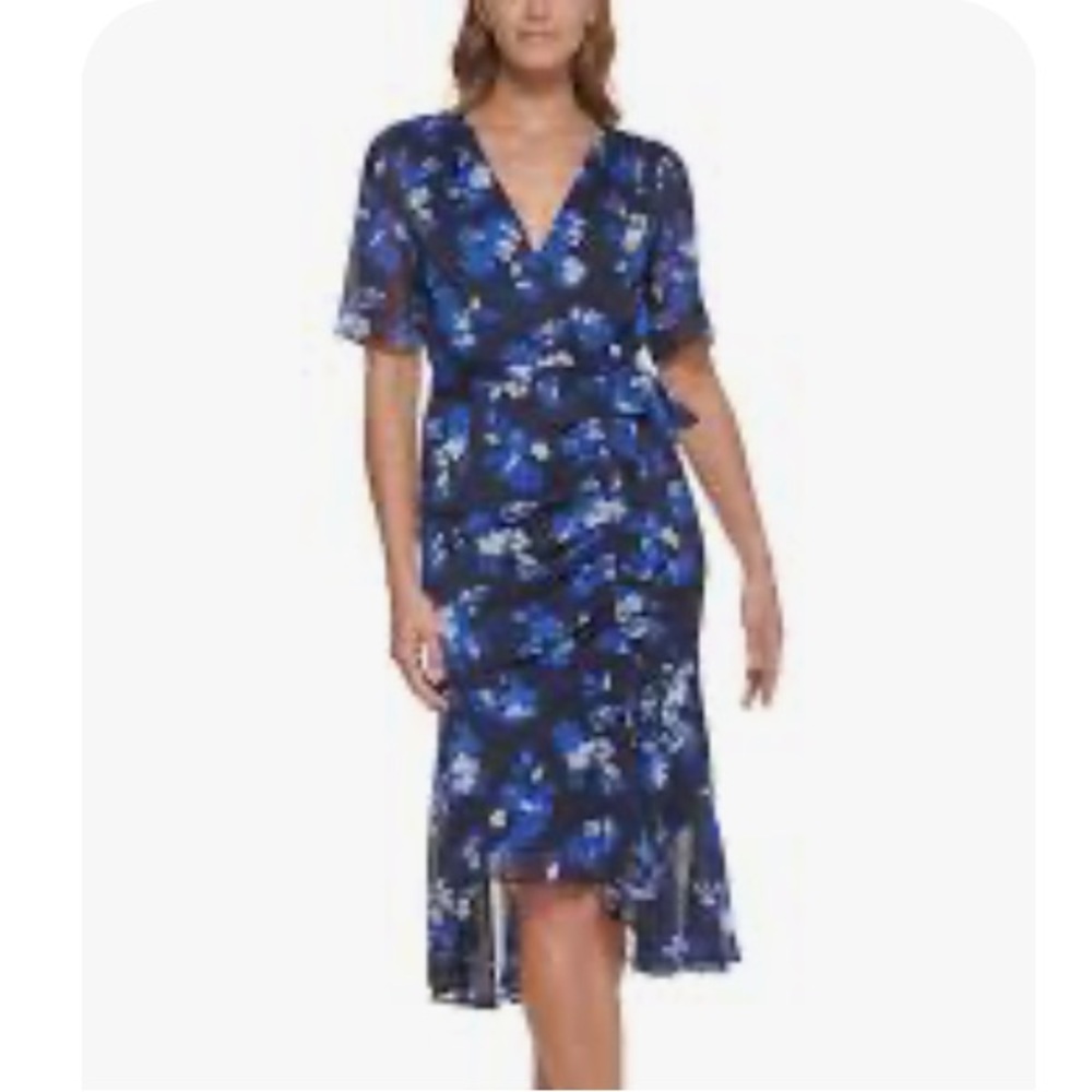 DKNY High Low Floral Print Midi Dress in Blue